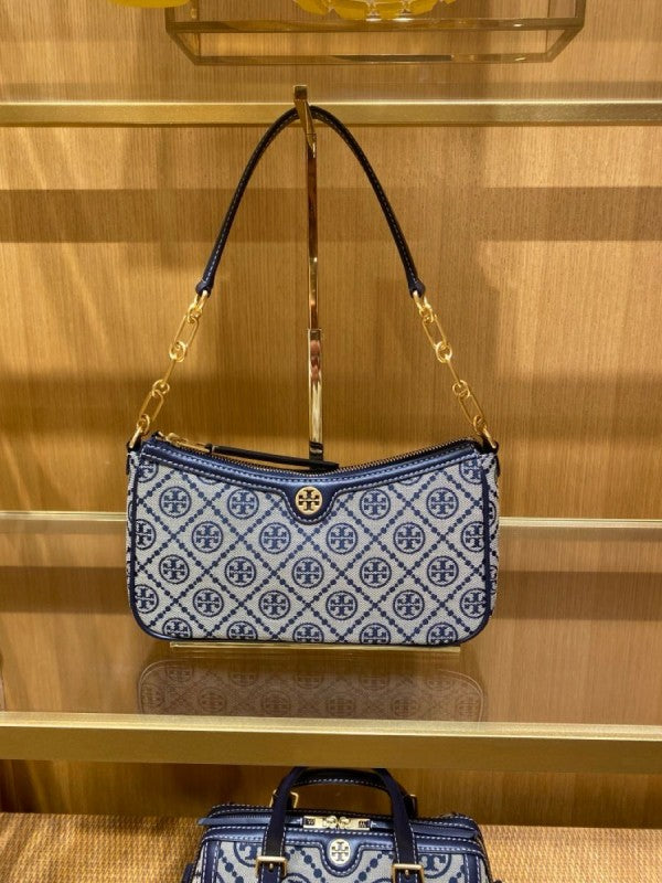 TORY BURCH T MONOGRAM JACQUARD SHOULDER BAG ADJUSTABLE STRAP WITH BOX
