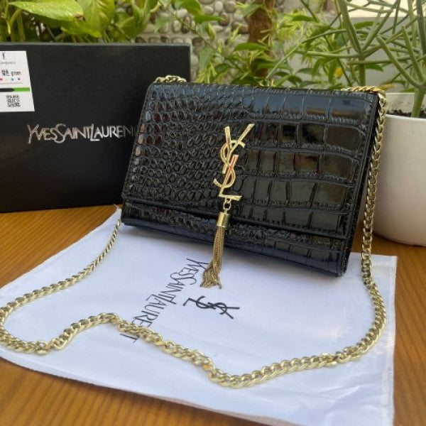 YSL SAINT LAURENT Grain De Poudre Matelasse Chevron Medium Monogram Satchel Black with box