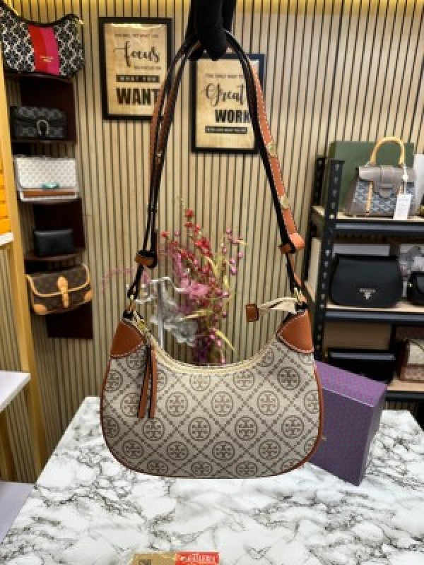 Tory burcht monogram petite moon bag with og box & dust bag brown